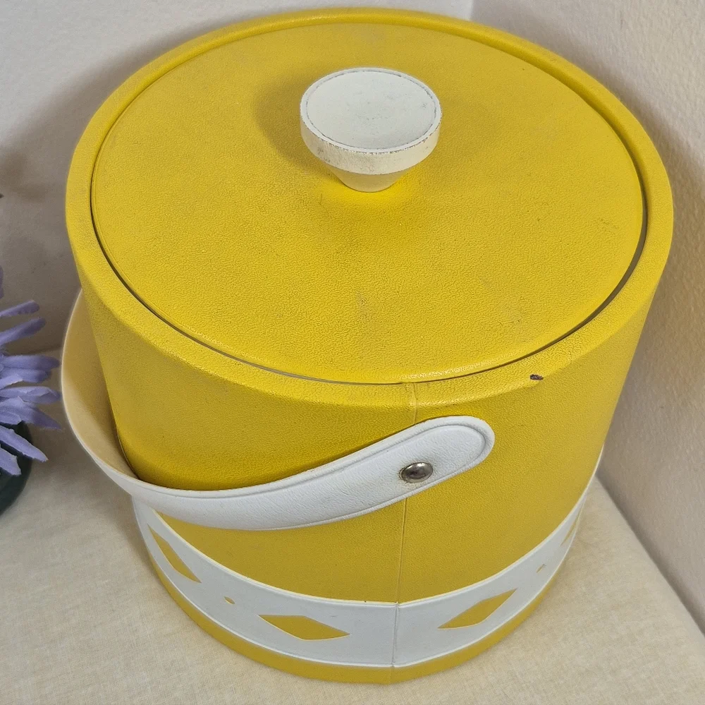 Vintage MCM Vinyl Ice Bucket Yellow with White Diamond Cutouts